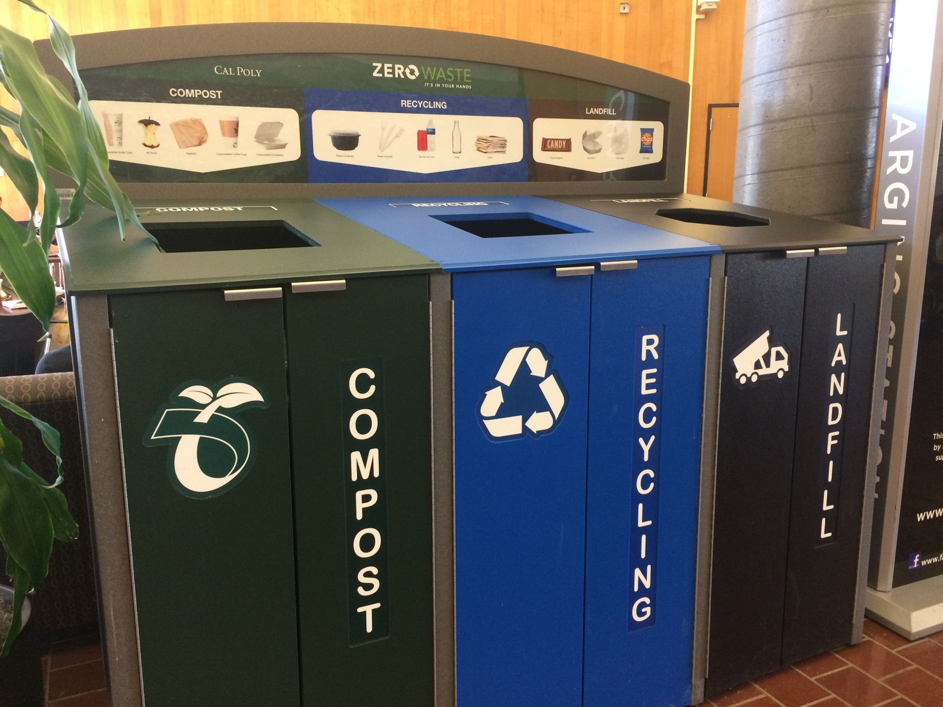 a compost bin, recycling bin, and trash bin in calpoly
